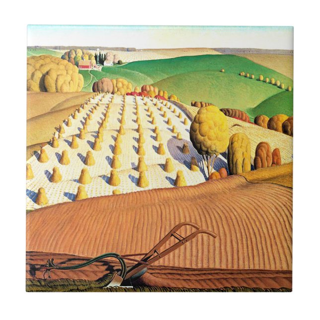 Fall Ploughing, fine art American painting Ceramic Tile (Front)