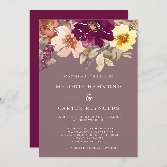Fall Plum Watercolor Floral Wedding Invitation (Front/Back)