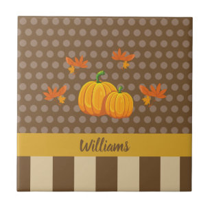 Fall Polka Dot Pumpkin with Family Name Ceramic Tile