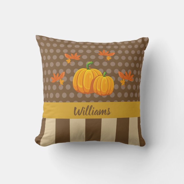 Fall Polka Dot Pumpkin with Family Name Cushion (Front)