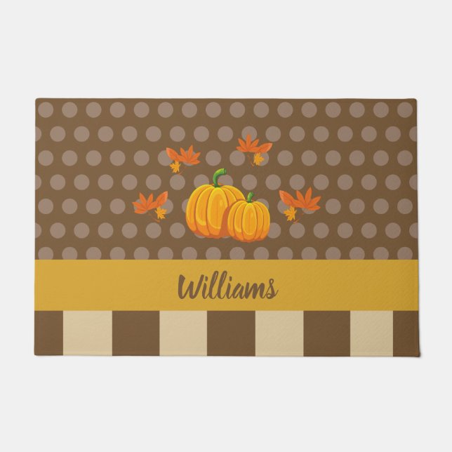 Fall Polka Dot Pumpkin with Family Name Doormat (Front)