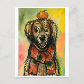 Fall Postcard, Dog with a Pumpkin, Autumn Postcard