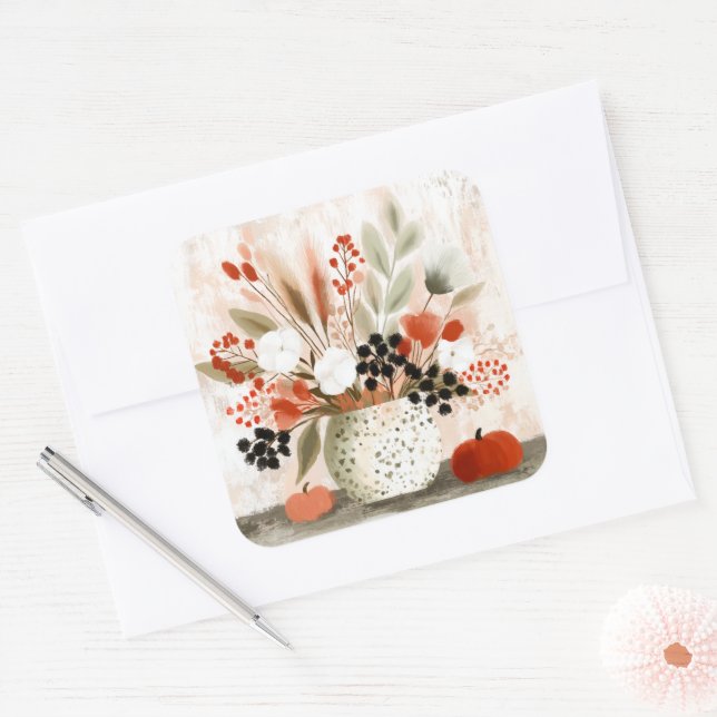 Fall Posy and Rust Speckled Pot Square Sticker (Envelope)