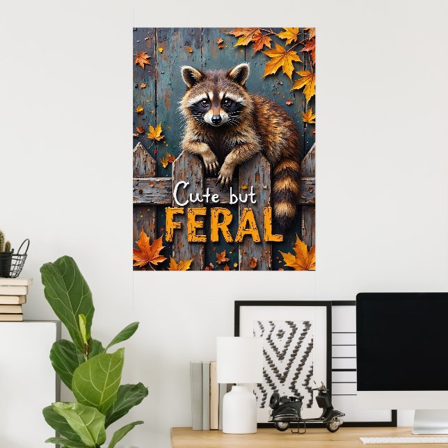 Fall Prowler: Racoon on Weathered Fence Poster (Home Office)