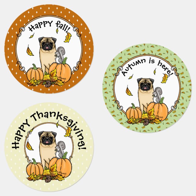 Fall Pug Dog (fawn) Pumpkins Leaves Cute (Group)