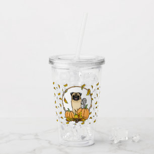 Fall Pug Dog (fawn) Pumpkins Leaves Cute Acrylic Tumbler