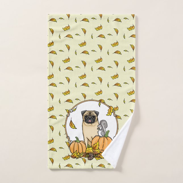 Fall Pug Dog (fawn) Pumpkins Leaves Cute Bath Towel Set (Hand Towel)
