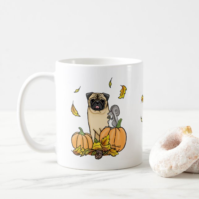 Fall Pug Dog (fawn) Pumpkins Leaves Cute Coffee Mug (With Donut)