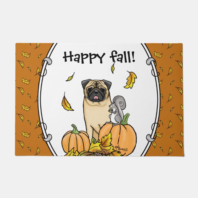 Fall Pug Dog (fawn) Pumpkins Leaves Cute Doormat (Front)