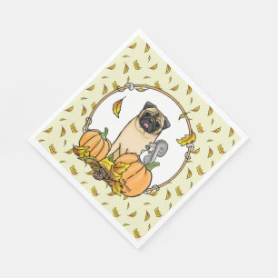 Fall Pug Dog (fawn) Pumpkins Leaves Cute Napkin