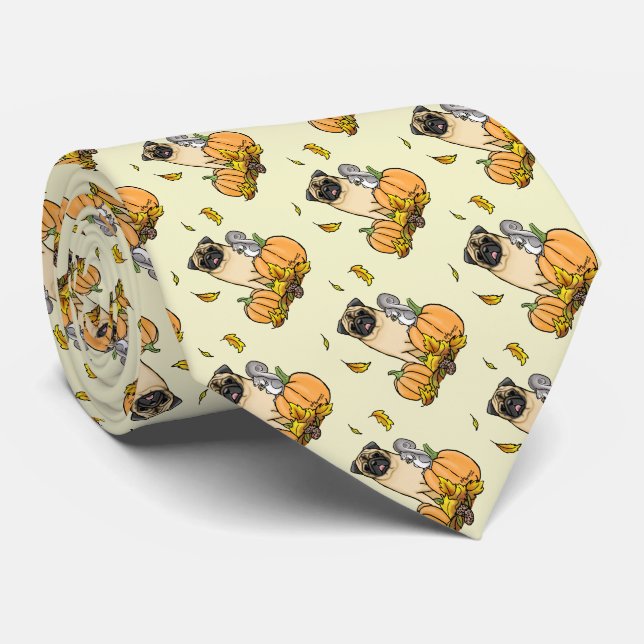 Fall Pug Dog (fawn) Pumpkins Leaves Cute Tie (Rolled)