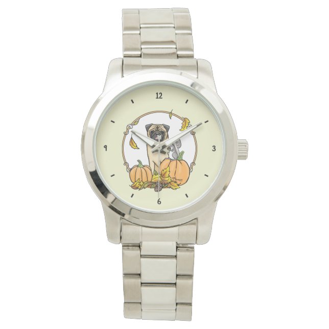 Fall Pug Dog (fawn) Pumpkins Leaves Cute Watch (Front)