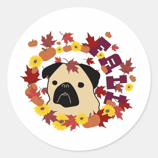 Fall Pug with Leaves, Pumpkins, and Sunflowers Classic Round Sticker (Front)