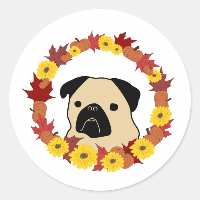 Fall Pug with Leaves, Pumpkins, and Sunflowers Classic Round Sticker (Front)