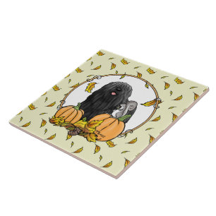Fall Puli Dog (black) Pumpkins Leaves Cute Funny Ceramic Tile