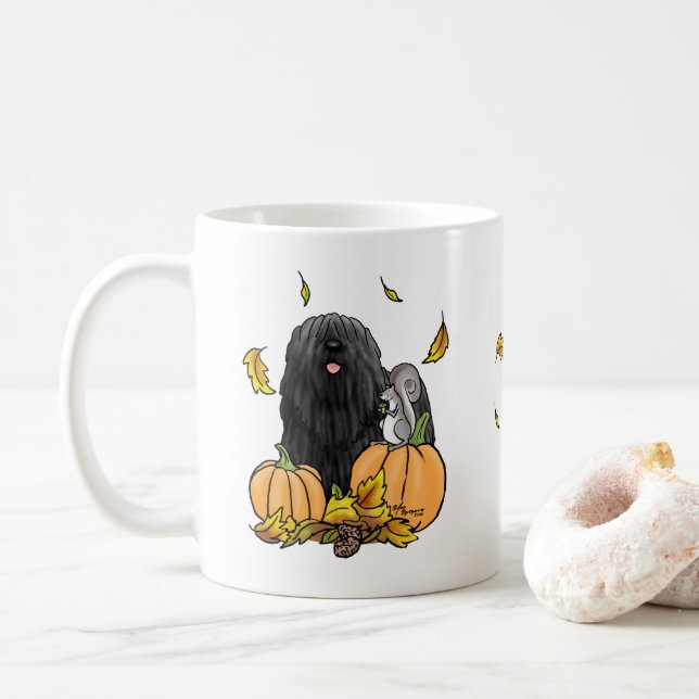 Fall Puli Dog (black) Pumpkins Leaves Cute Funny Coffee Mug (With Donut)