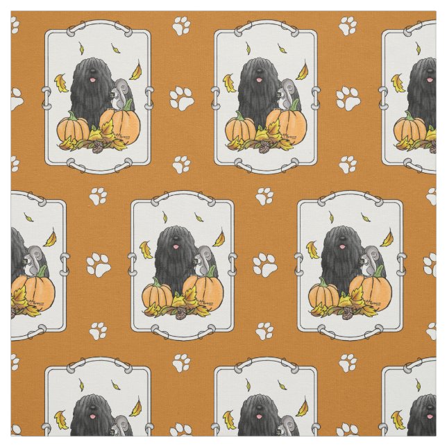 Fall Puli Dog (black) Pumpkins Leaves Cute Funny Fabric (Swatch)