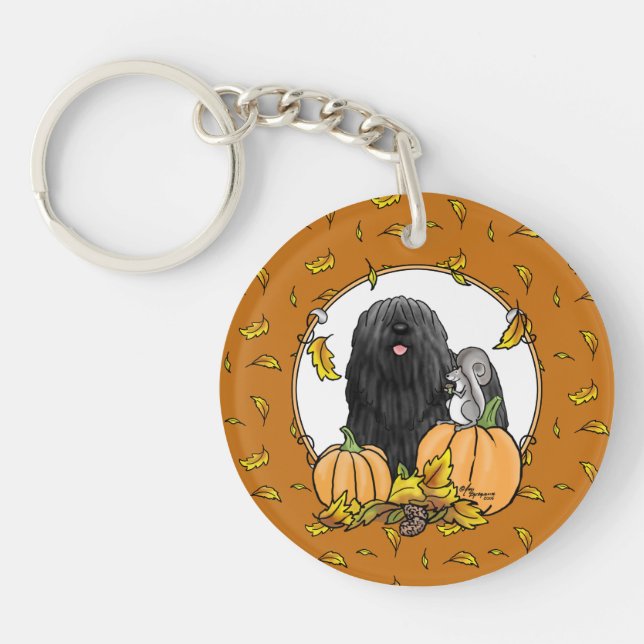 Fall Puli Dog (black) Pumpkins Leaves Cute Funny Key Ring (Front)