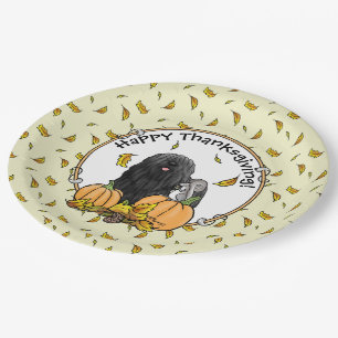Fall Puli Dog (black) Pumpkins Leaves Cute Funny Paper Plate