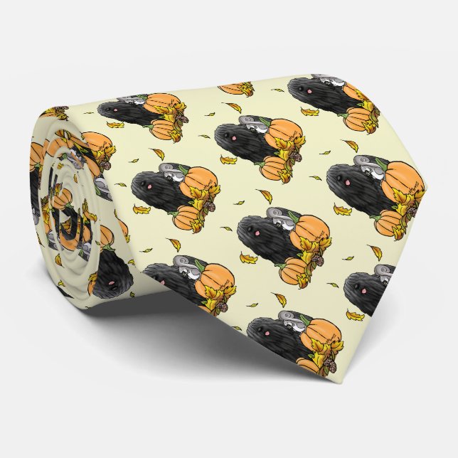 Fall Puli Dog (black) Pumpkins Leaves Cute Funny Tie (Rolled)