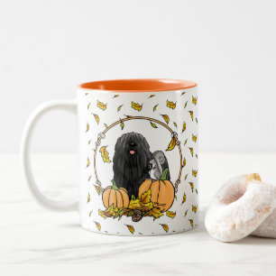 Fall Puli Dog (black) Pumpkins Leaves Cute Funny Two-Tone Coffee Mug