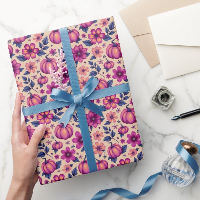 Fall Pumkins and Flowers Autumn Floral Pattern  Wrapping Paper (Gifting)