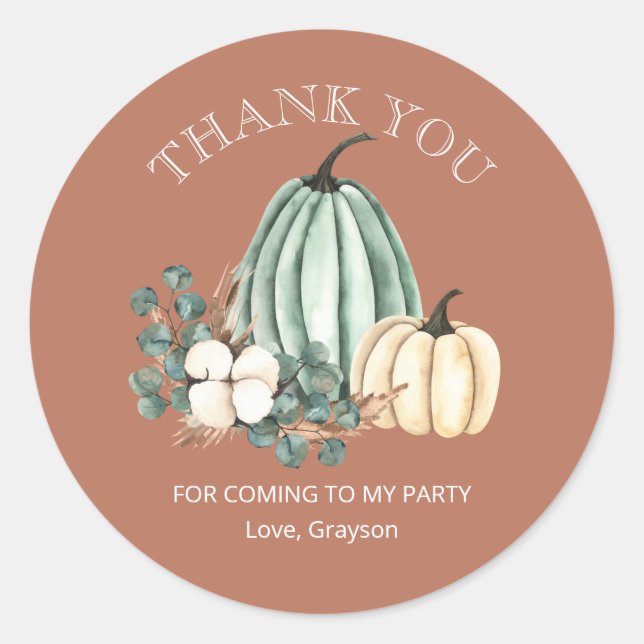 Fall Pumpkin 1st Birthday Thank You Classic Round Sticker (Front)