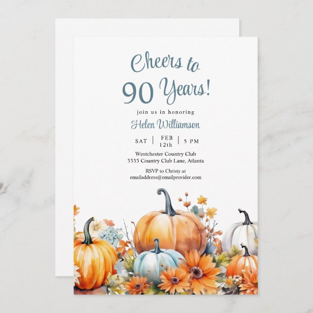 Fall Pumpkin 90th Birthday Cheers to 90 Years Invitation (Front/Back)