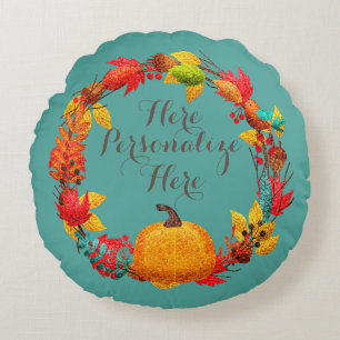 Fall pumpkin and autumn leaves wreath round cushion