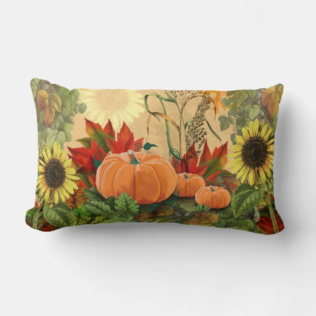Fall Pumpkin and Sunflowers Lumbar Cushion (Front)