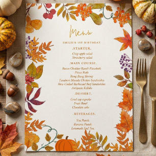 Fall Pumpkin autum Leave Birthday Party Menu card