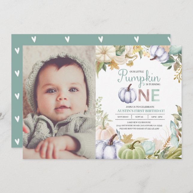 Fall Pumpkin Autumn First Birthday Invitation Boy (Front/Back)