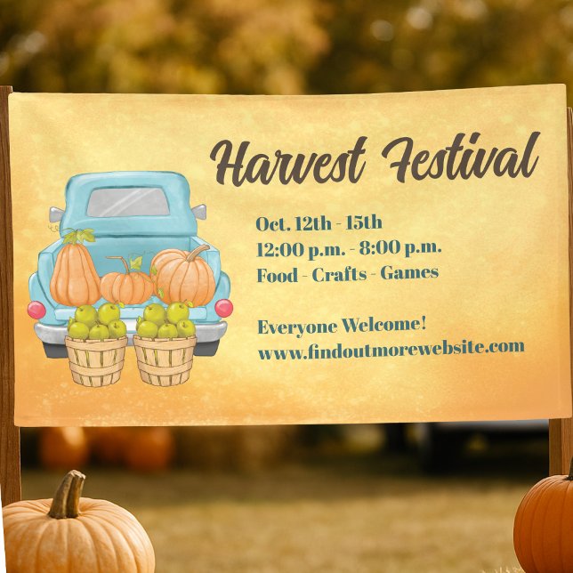 Fall Pumpkin Autumn Harvest Festival Banner (Fall Harvest Festival banner with pumpkins, truck, and event details. Perfect for festive autumn dec)