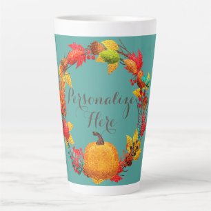 Fall pumpkin autumn leaf wreath orange teal blue latte mug