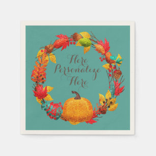 Fall pumpkin autumn leaf wreath teal orange brown napkin