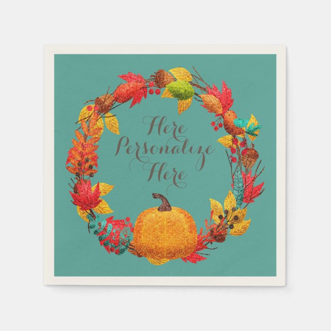 Fall pumpkin autumn leaf wreath teal orange brown napkin (Front)