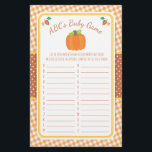 Fall Pumpkin Baby Shower ABC's Game Flyer<br><div class="desc">This design features a pumpkin and leaves in fall colours on a gingham background. Coordinating products are available in our shop, zazzle.com/doodlelulu*. Contact us if you need this design applied to a specific product to create a matching item! Thank you so much for viewing a DoodleLulu by 2 june bugs...</div>