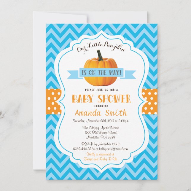 Fall Pumpkin Baby Shower Invitation Blue Chevron (Front)