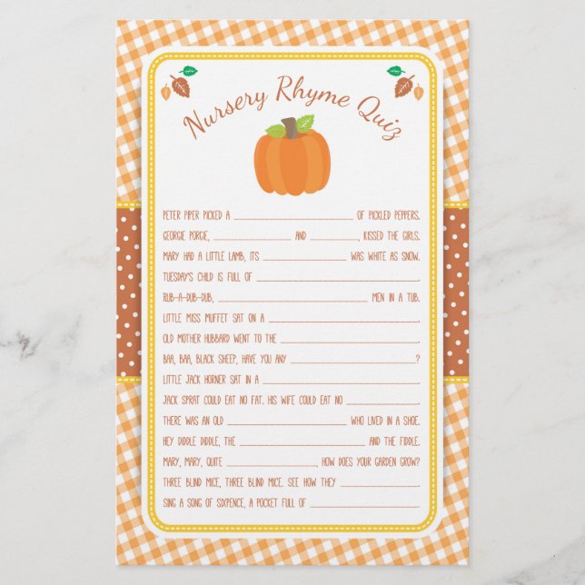 Fall Pumpkin Baby Shower Nursery Rhyme Quiz Game Flyer (Front)