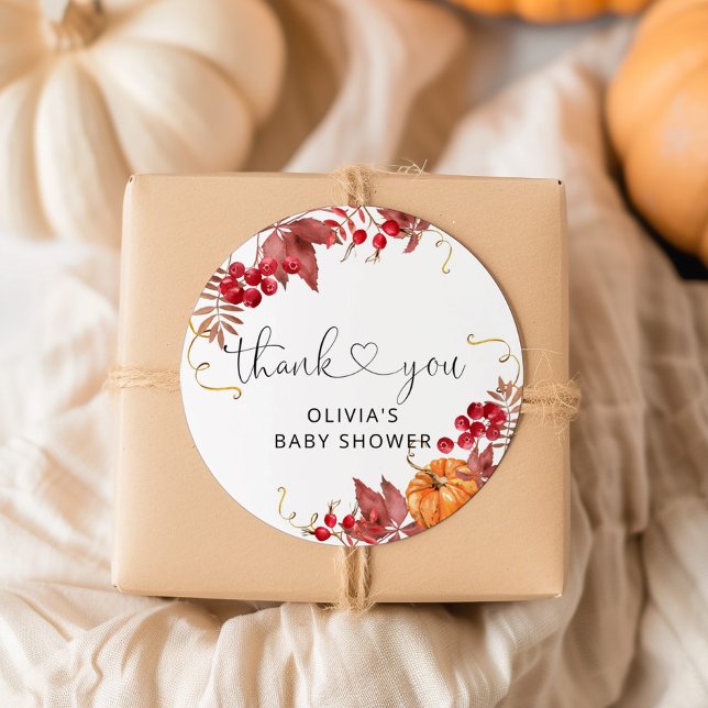 Fall pumpkin baby shower thank you classic round sticker (Creator Uploaded)