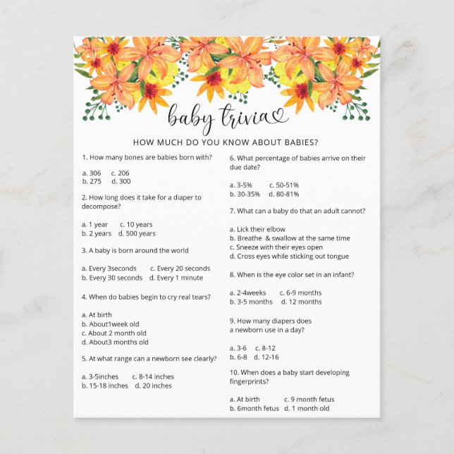 Fall pumpkin Baby Trivia | Baby Shower Game (Front)