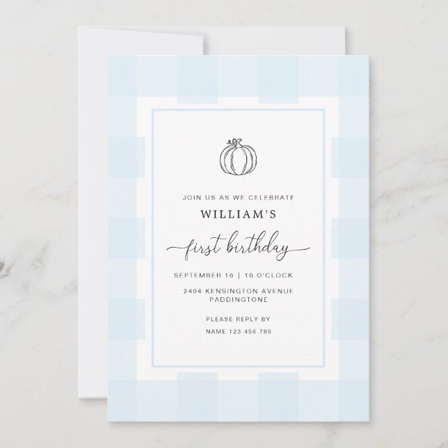 Fall Pumpkin Blue Gingham 1st Birthday Invitation (Front)