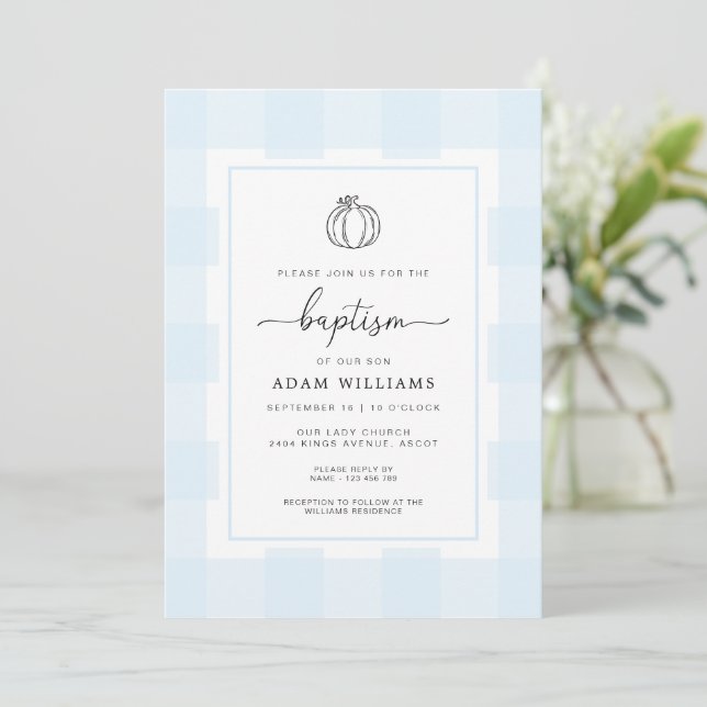 Fall Pumpkin Blue Gingham Baptism Invitation (Standing Front)