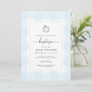 Fall Pumpkin Blue Gingham Baptism Invitation