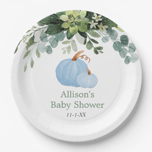 Fall pumpkin blue greenery eucalyptus baby shower paper plate (Front)
