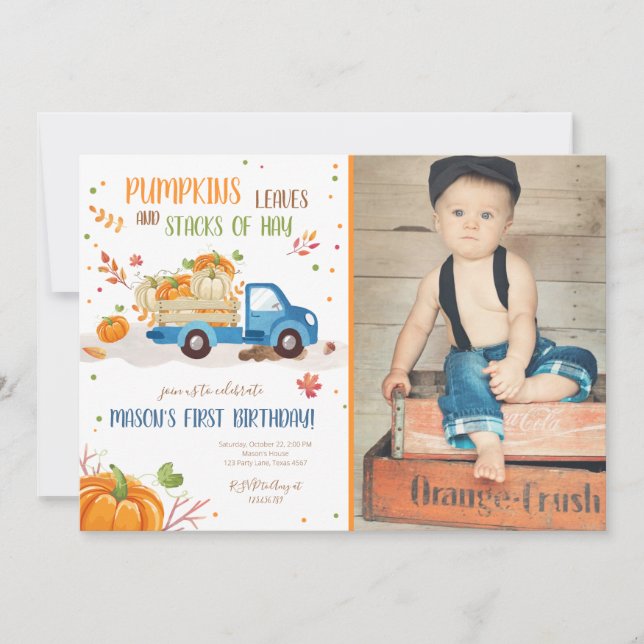 Fall Pumpkin Blue Truck Orange Green Boy Birthday Invitation (Front)