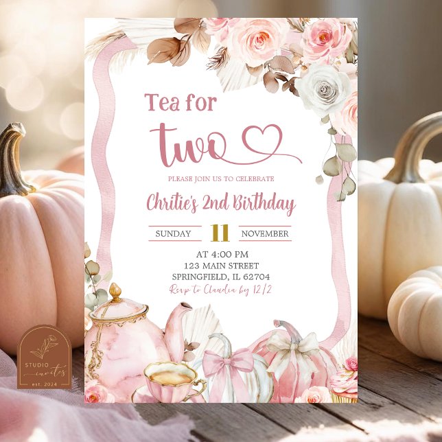 Fall Pumpkin Boho Coquette Pink Tea for 2 Birthday Invitation (Creator Uploaded)
