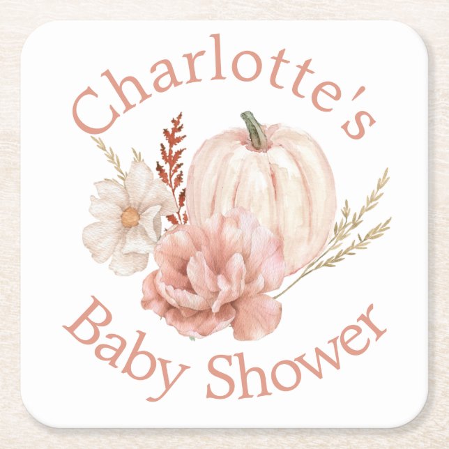 Fall Pumpkin Boho Floral Baby Shower Square Paper Coaster (Front)