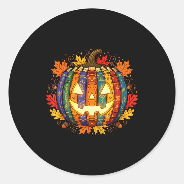 Fall Pumpkin Book Lover, Soky Librarian Teacher Ha Classic Round Sticker (Front)