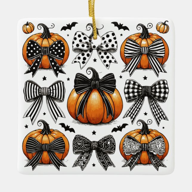 Fall Pumpkin Bow Ceramic Ornament (Front)